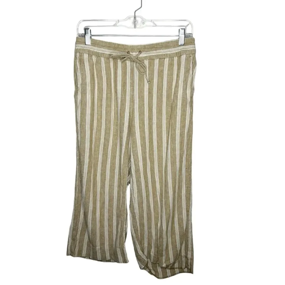 BANANA REPUBLIC / tan cream striped wide leg crop linen blend pants / S